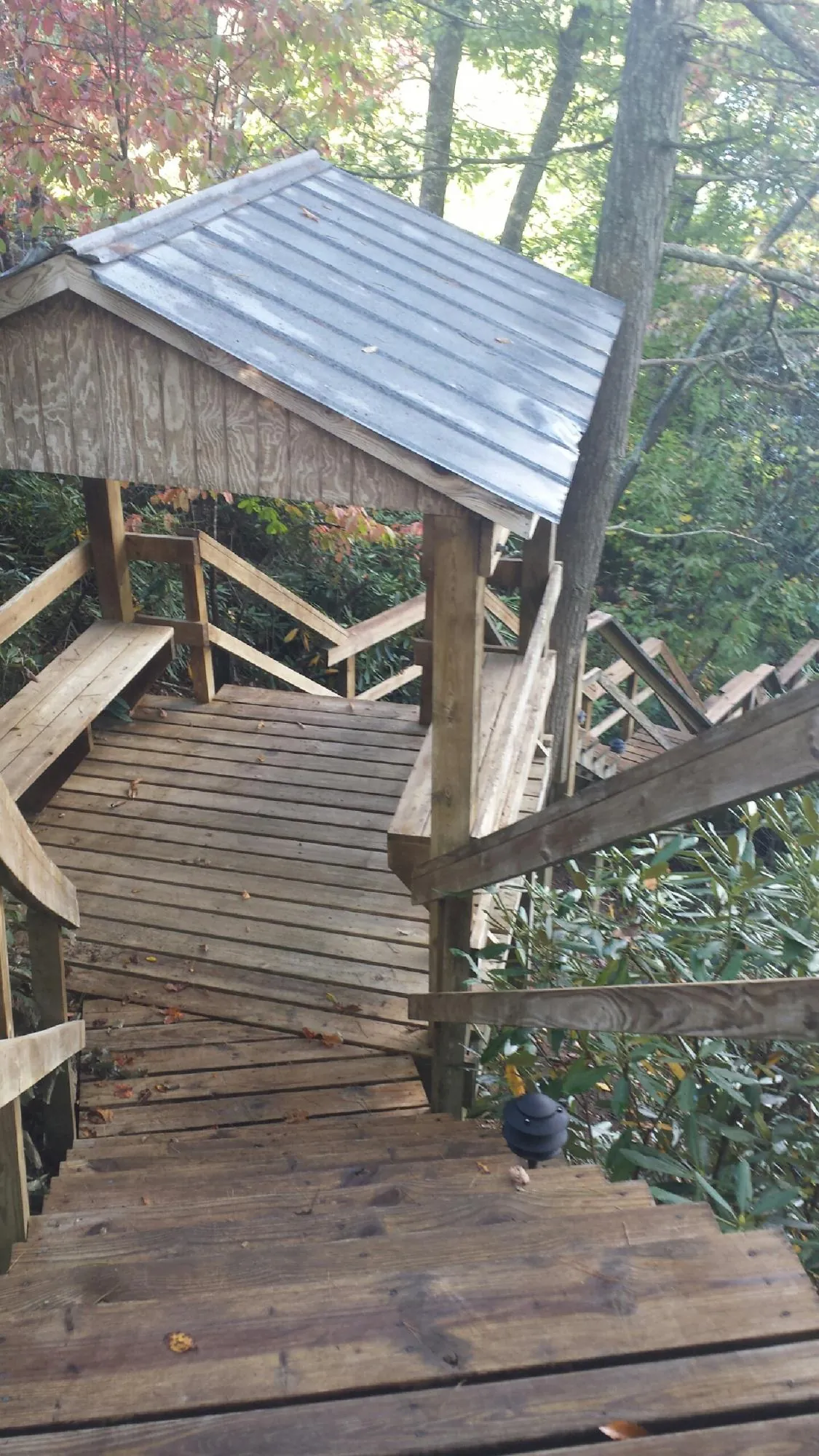 Metal roofed shelter over wooden steps on a wooded walkway — Skylight Repair & Installation work by our crew in San Geronimo